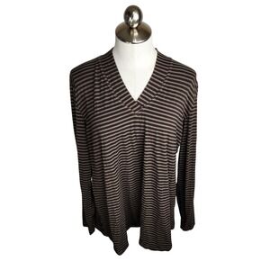 Heartstring Tunic Top Women XL Black Olive Green Striped V-Neck Long Sleeve